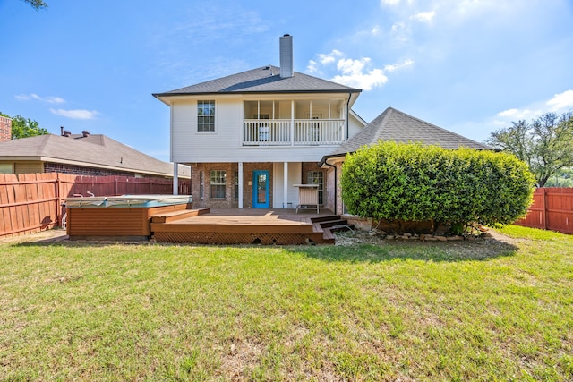 8901 Elbe Trl, Fort Worth, TX 76118 - rear view of house featuring a hot tub, a chimney, brick siding, a balcony, and a shingled roof