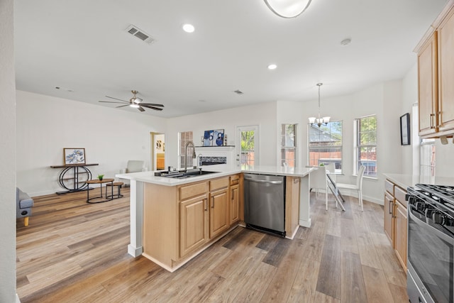 8901 Elbe Trl, Fort Worth, TX 76118 - kitchen featuring stainless steel appliances, a sink, a chandelier, light countertops, and light wood-style floors