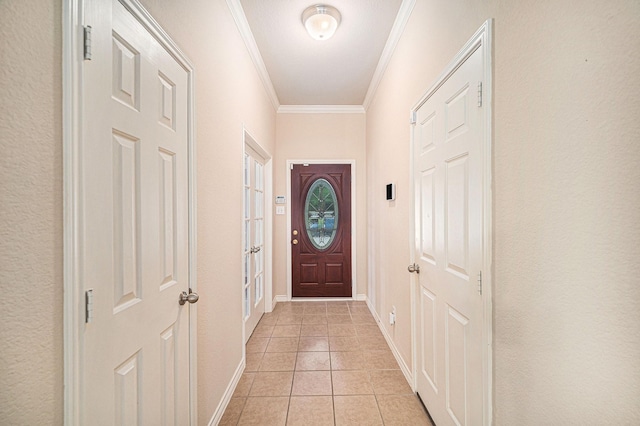 600 Swift Current Dr, Crowley, TX 76036 - doorway to outside with crown molding, light tile patterned flooring, and baseboards