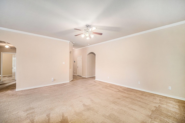 600 Swift Current Dr, Crowley, TX 76036 - unfurnished room with arched walkways, a ceiling fan, ornamental molding, light colored carpet, and baseboards