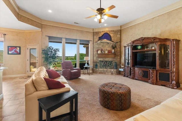 120 Trail Rdg, Weatherford, TX 76087 - living area with a ceiling fan, a stone fireplace, recessed lighting, carpet flooring, and ornamental molding