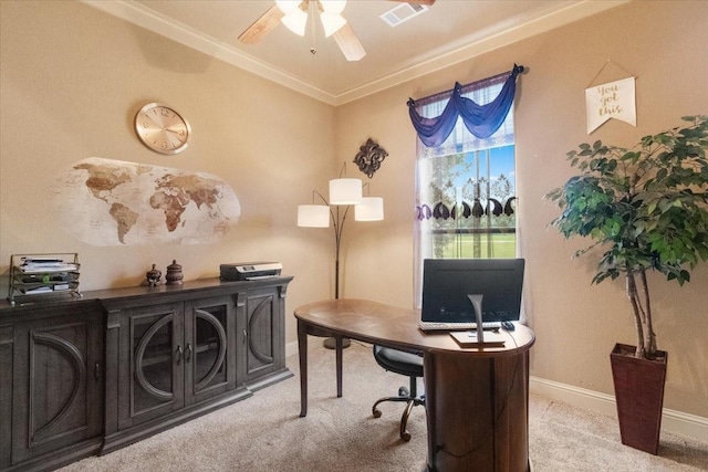 120 Trail Rdg, Weatherford, TX 76087 - office with light colored carpet, ornamental molding, ceiling fan, and baseboards