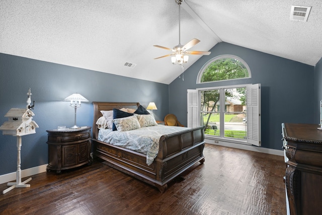 2304 Colleen Ct, Carrollton, TX 75007 - bedroom with lofted ceiling, wood finished floors, ceiling fan, and a textured ceiling