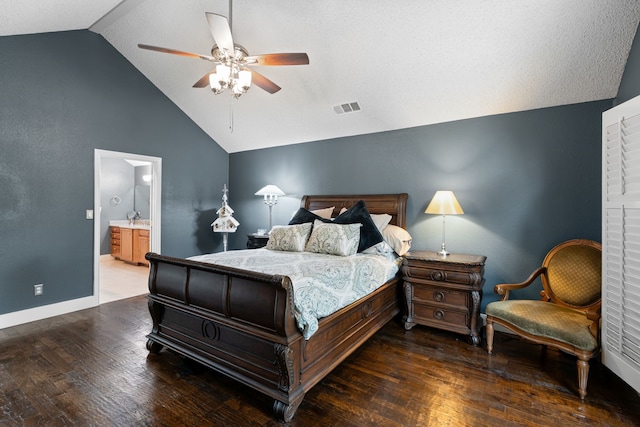 2304 Colleen Ct, Carrollton, TX 75007 - bedroom with wood finished floors, connected bathroom, ceiling fan, and high vaulted ceiling