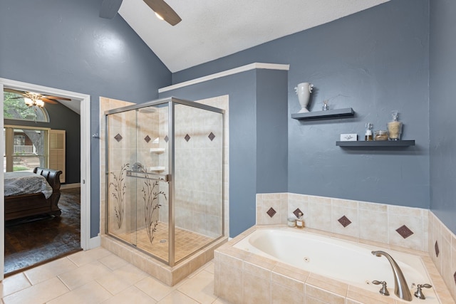 2304 Colleen Ct, Carrollton, TX 75007 - full bathroom with ceiling fan, a jetted tub, vaulted ceiling, a stall shower, and ensuite bathroom