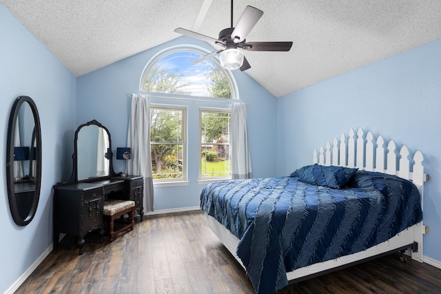 2304 Colleen Ct, Carrollton, TX 75007 - bedroom with a textured ceiling, lofted ceiling, multiple windows, wood finished floors, and ceiling fan