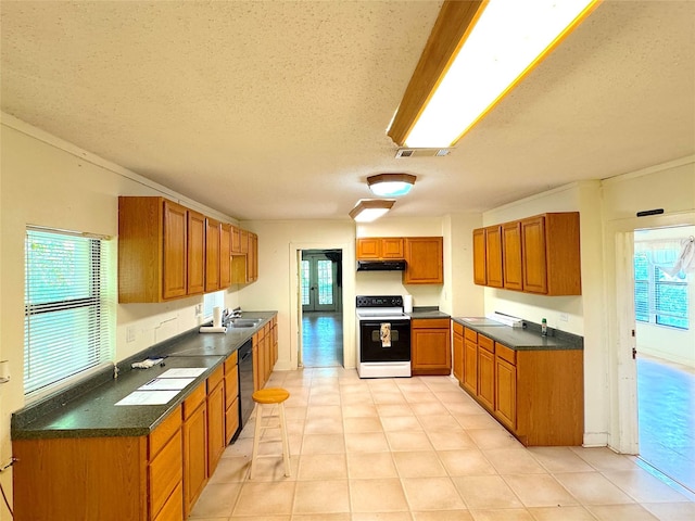 202 Powell Rd, Weatherford, TX 76088 - kitchen with white range with electric cooktop, dishwasher, under cabinet range hood, dark countertops, and brown cabinets