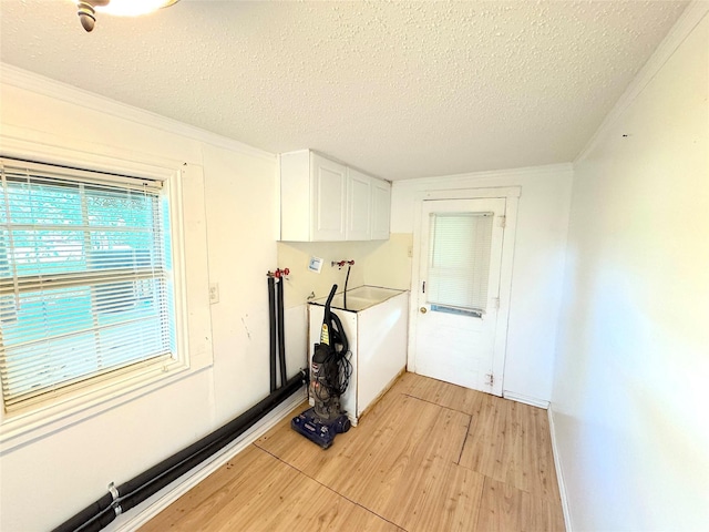 202 Powell Rd, Weatherford, TX 76088 - washroom featuring cabinet space, light wood-type flooring, crown molding, a textured ceiling, and washer hookup