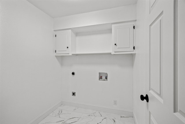 11832 Cromwell Dr, Dallas, TX 75234 - laundry area featuring hookup for an electric dryer, baseboards, cabinet space, light marble finish flooring, and hookup for a washing machine