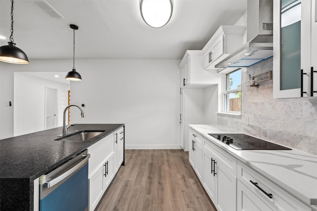 11832 Cromwell Dr, Dallas, TX 75234 - kitchen with wall chimney exhaust hood, a sink, dishwasher, black electric stovetop, and light wood-style floors