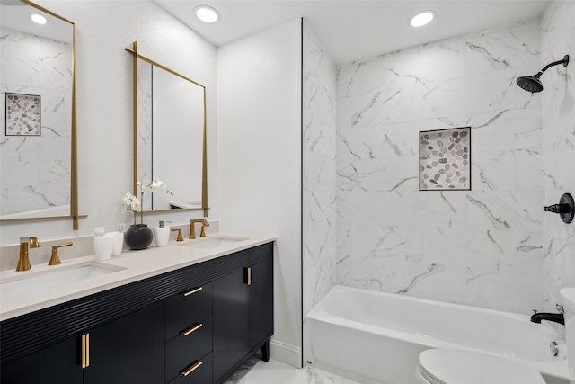 11832 Cromwell Dr, Dallas, TX 75234 - full bath with double vanity, marble look tile flooring, toilet, tub / shower combination, and recessed lighting