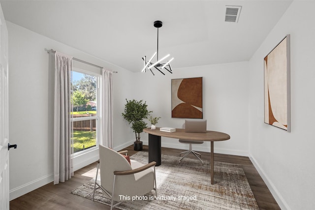 11832 Cromwell Dr, Dallas, TX 75234 - office area featuring a chandelier, wood finished floors, healthy amount of natural light, baseboards, and vaulted ceiling