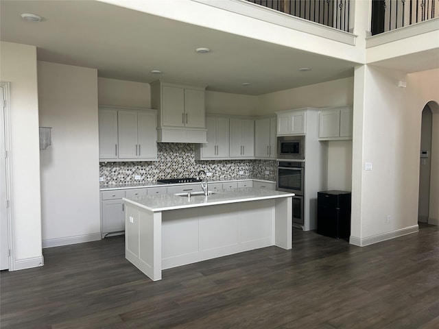 1308 Carlet Dr, Little Elm, TX 75068 - kitchen featuring appliances with stainless steel finishes, decorative backsplash, a sink, a kitchen island with sink, and dark wood-type flooring