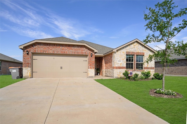 2212 Rosemary Way, Anna, TX 75409 - ranch-style home featuring stone siding, an attached garage, driveway, a front lawn, and brick siding