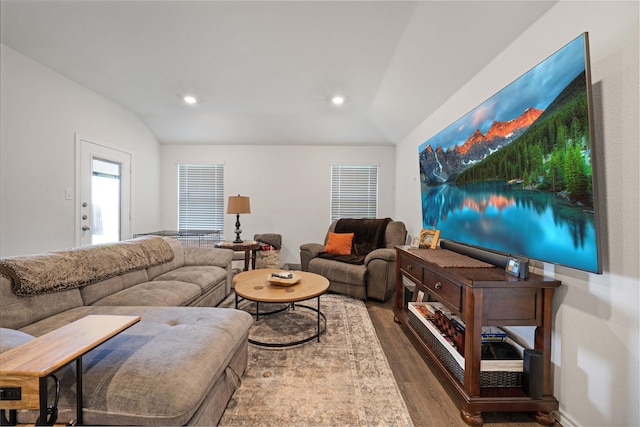2212 Rosemary Way, Anna, TX 75409 - living room featuring lofted ceiling, wood finished floors, and recessed lighting