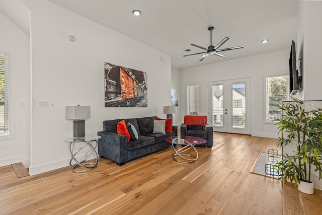 908 Muncie Ave, Dallas, TX 75212 - living room with wood-type flooring, a ceiling fan, baseboards, recessed lighting, and french doors
