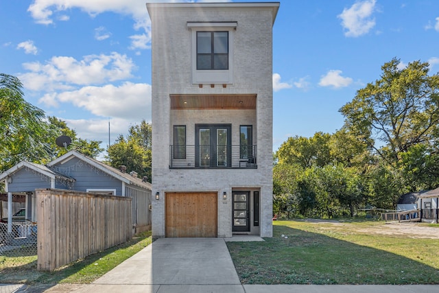 908 Muncie Ave, Dallas, TX 75212 - modern home featuring brick siding, concrete driveway, a garage, and a balcony