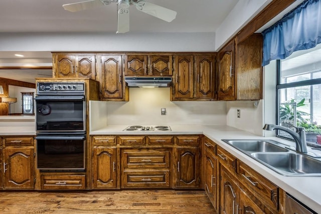 677 Fm 3356, Van Alstyne, TX 75495 - kitchen featuring under cabinet range hood, a sink, white electric stovetop, dishwasher, and dark wood-type flooring