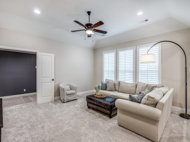 5717 Dr Kenneth Cooper Dr, Mckinney, TX 75070 - living area featuring a ceiling fan, light colored carpet, baseboards, vaulted ceiling, and recessed lighting