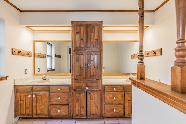 1510 Surry Place Dr, Cleburne, TX 76033 - full bathroom featuring double vanity, tile patterned flooring, and ornamental molding