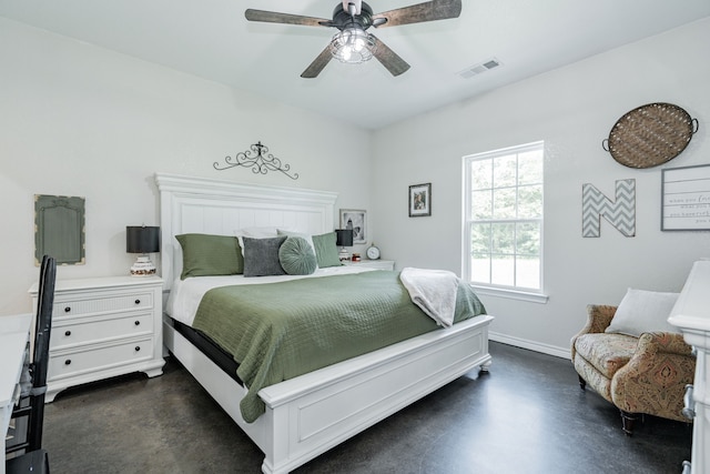 13530 Hiram Rd, Wills Point, TX 75169 - bedroom with concrete floors, baseboards, and a ceiling fan
