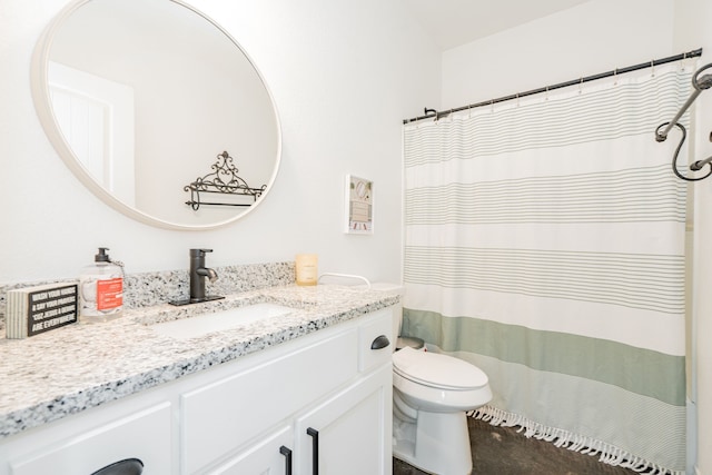 13530 Hiram Rd, Wills Point, TX 75169 - bathroom with vanity, toilet, and a shower with shower curtain