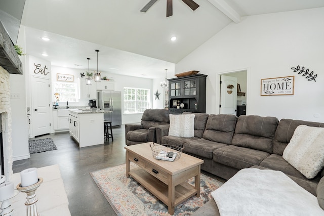 13530 Hiram Rd, Wills Point, TX 75169 - living room featuring ceiling fan, finished concrete floors, beam ceiling, recessed lighting, and a fireplace