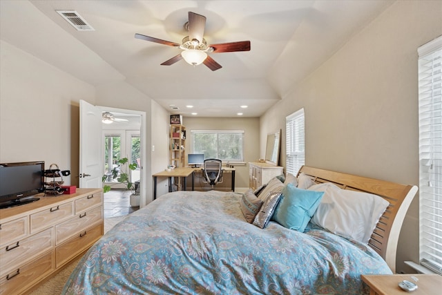 5020 Timber Creek Rd, Flower Mound, TX 75028 - bedroom featuring vaulted ceiling, an office area, ceiling fan, and recessed lighting