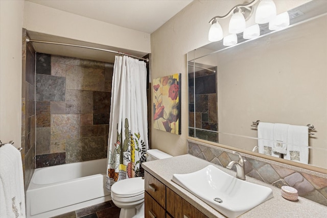 5020 Timber Creek Rd, Flower Mound, TX 75028 - bathroom with vanity, shower / bath combination with curtain, toilet, and decorative backsplash