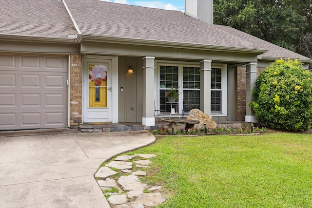 5020 Timber Creek Rd, Flower Mound, TX 75028 - entrance to property featuring roof with shingles, a lawn, a chimney, covered porch, and driveway