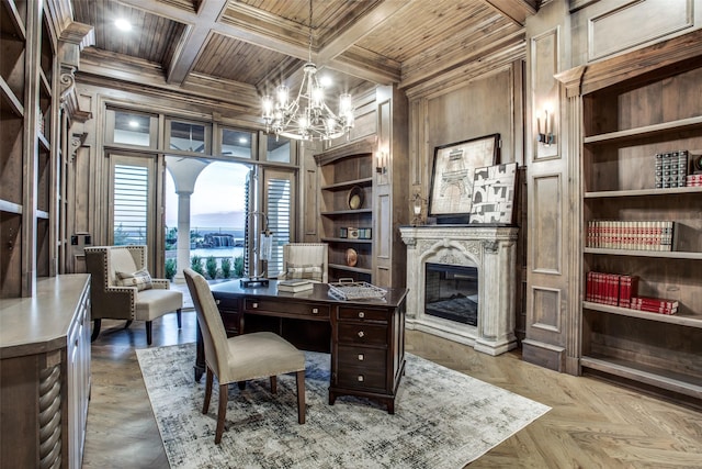 2449 Mountain View Ct, Cedar Hill, TX 75104 - office with wooden ceiling with exposed beams, built in shelves, ornamental molding, a chandelier, and wood walls