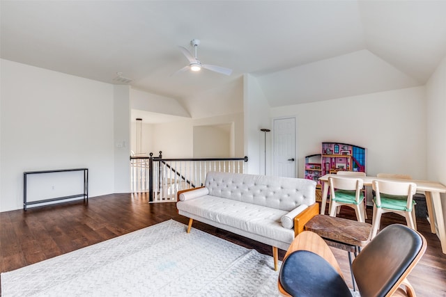 7905 Cherry Creek Dr, Plano, TX 75025 - living area with wood finished floors, vaulted ceiling, and a ceiling fan