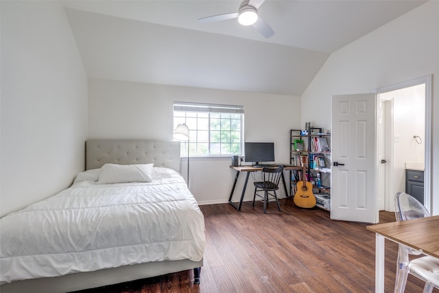 7905 Cherry Creek Dr, Plano, TX 75025 - bedroom featuring lofted ceiling, wood finished floors, a desk, a ceiling fan, and baseboards