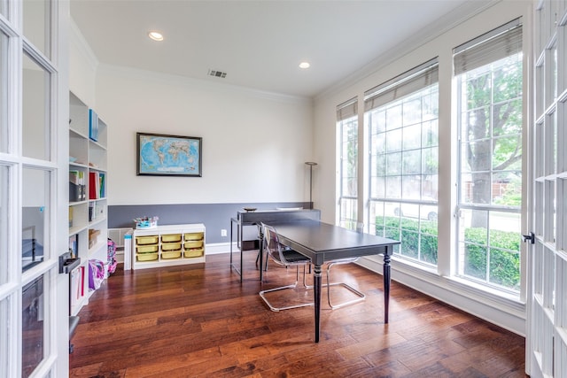 7905 Cherry Creek Dr, Plano, TX 75025 - office with plenty of natural light, crown molding, wood finished floors, baseboards, and recessed lighting