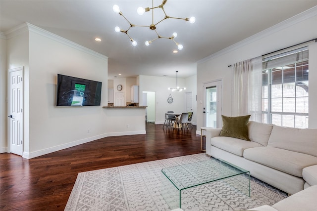 7905 Cherry Creek Dr, Plano, TX 75025 - living area with a chandelier, ornamental molding, dark wood-style flooring, baseboards, and recessed lighting