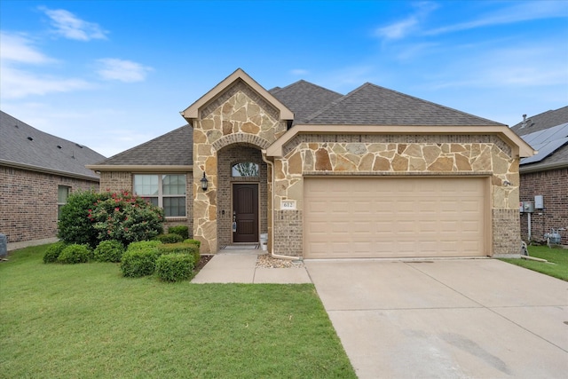 612 Redwood Dr, Greenville, TX 75402 - french provincial home with brick siding, a front lawn, an attached garage, and driveway