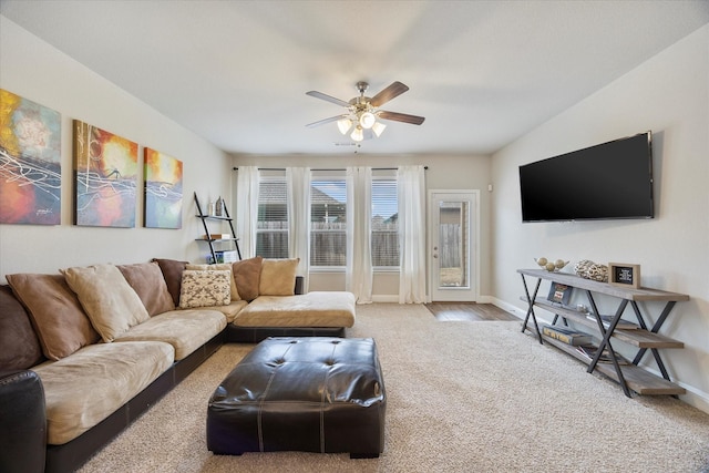 612 Redwood Dr, Greenville, TX 75402 - living room featuring carpet floors, a ceiling fan, and baseboards