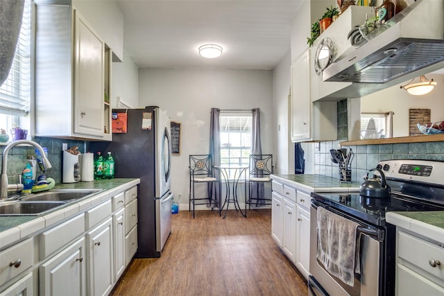 6980 Prather Rd, Springtown, TX 76082 - kitchen featuring stainless steel appliances, a sink, tile countertops, range hood, and white cabinets