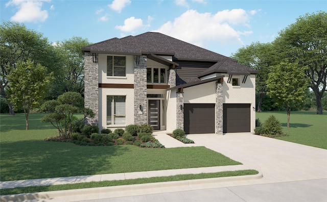 4521 Rustic Ridge Dr, Mckinney, TX 75071 - modern home featuring stone siding, driveway, a front yard, and roof with shingles