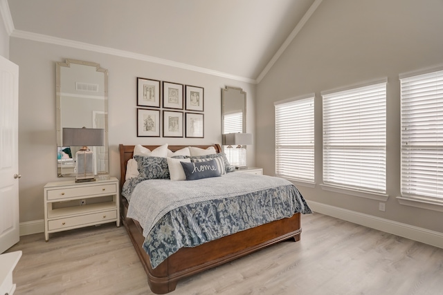 1305 Xeraco Dr, Little Elm, TX 75068 - bedroom featuring ornamental molding, wood finished floors, baseboards, and high vaulted ceiling