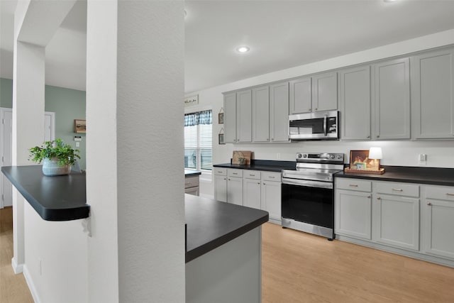 1356 Portsmouth Dr, Providence Village, TX 76227 - kitchen featuring appliances with stainless steel finishes, dark countertops, light wood-type flooring, recessed lighting, and gray cabinets