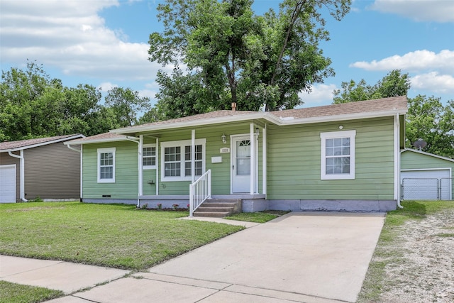 1320 Dale Dr, Garland, TX 75041 - single story home featuring a front lawn, a porch, concrete driveway, a garage, and crawl space