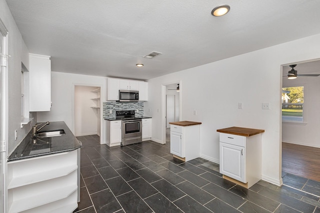 111 Leighton Dr, Terrell, TX 75160 - kitchen with stainless steel appliances, a sink, butcher block counters, white cabinetry, and a ceiling fan