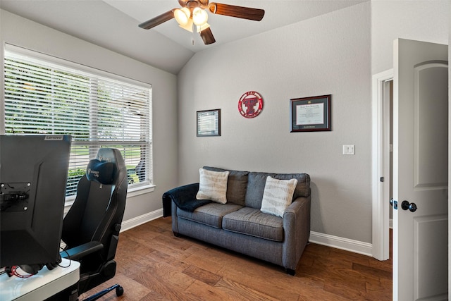 3303 Ferry Boat Ln, Granbury, TX 76049 - office featuring a ceiling fan, wood finished floors, baseboards, and vaulted ceiling