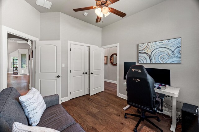 3303 Ferry Boat Ln, Granbury, TX 76049 - office space featuring a ceiling fan, a towering ceiling, wood finished floors, and baseboards
