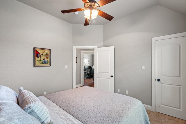 3303 Ferry Boat Ln, Granbury, TX 76049 - bedroom featuring light carpet, lofted ceiling, baseboards, and ceiling fan