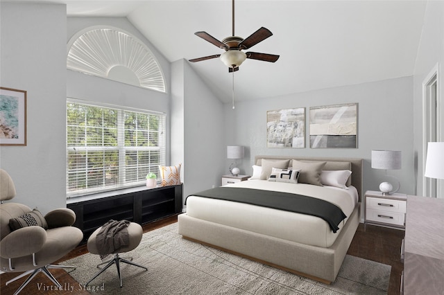 17820 Windflower Way Unit 503, Dallas, TX 75252 - bedroom featuring wood finished floors, a ceiling fan, and high vaulted ceiling
