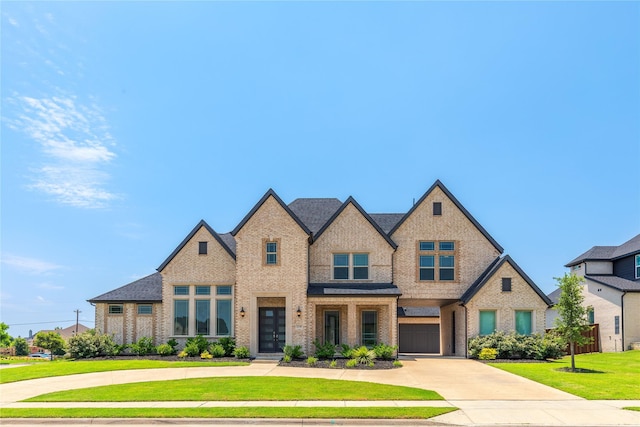 2130 Lassen Dr, Prosper, TX 75078 - view of front of house with brick siding, a front lawn, curved driveway, and french doors