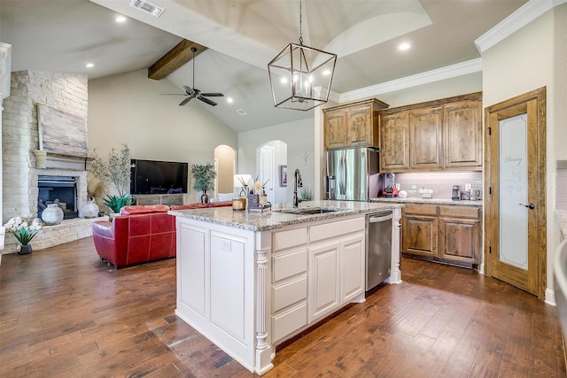 3201 Steamers Ct, Granbury, TX 76049 - kitchen featuring stainless steel appliances, a sink, arched walkways, a ceiling fan, and dark wood-style flooring