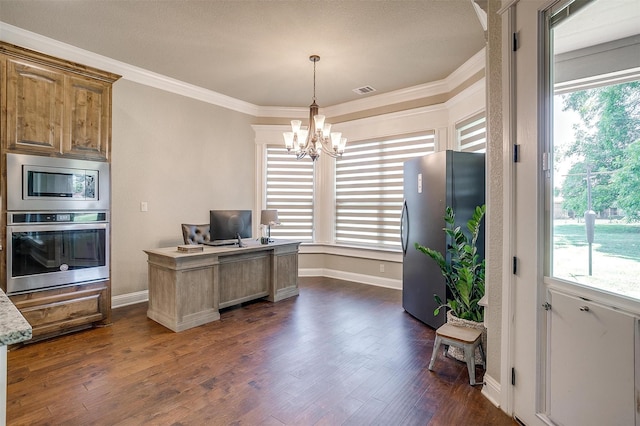 3201 Steamers Ct, Granbury, TX 76049 - office with a chandelier, plenty of natural light, dark wood-type flooring, and crown molding